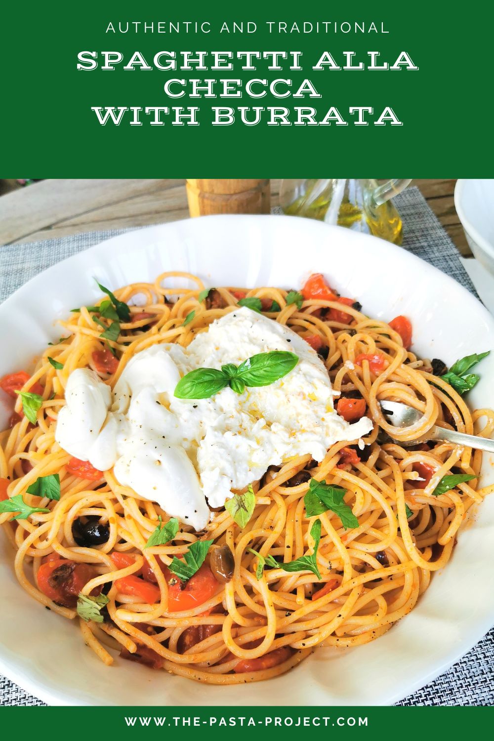 Verticle image with text for Pinterest of spaghetti alla checca with burrata.