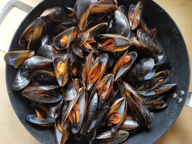 fresh mussels cooking in skillet