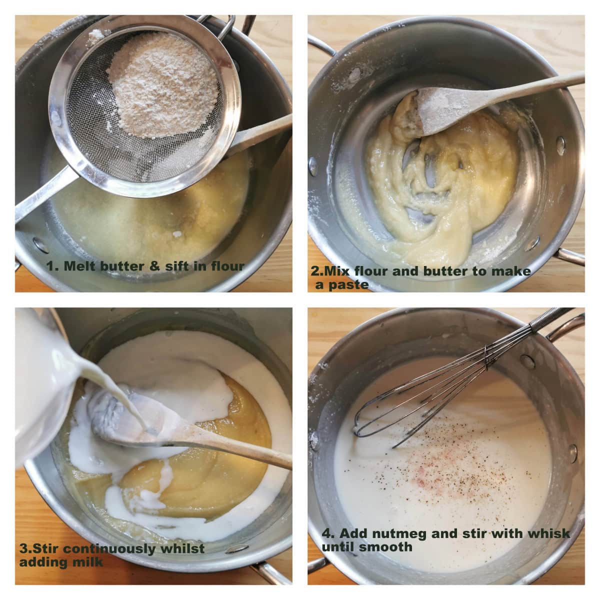 4 photo collage of steps to make béchamel sauce.