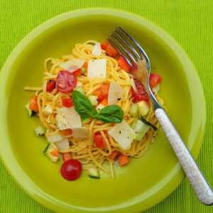 summer tagliolini with marinated vegetables