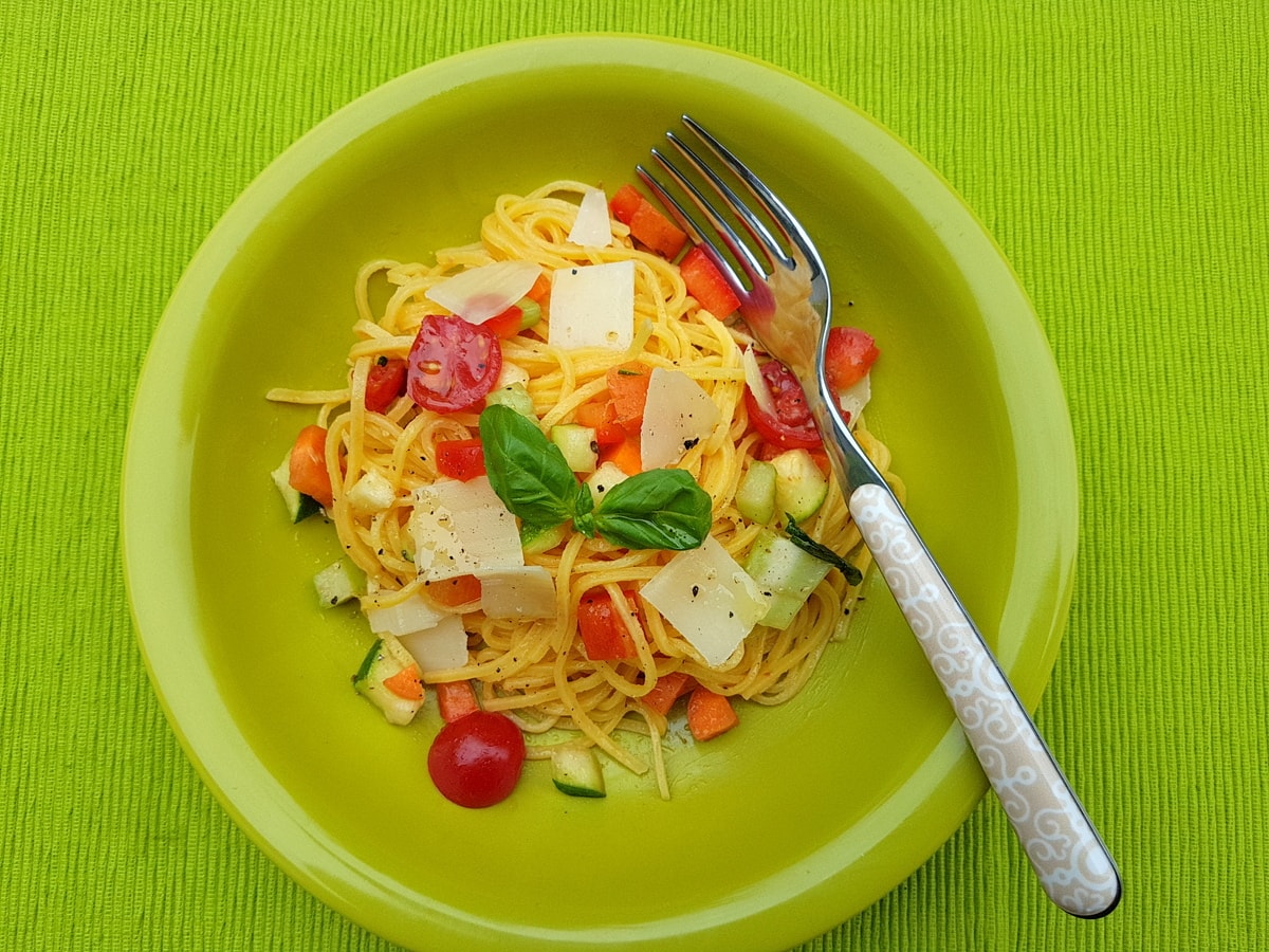 summer tagliolini with marinated vegetables