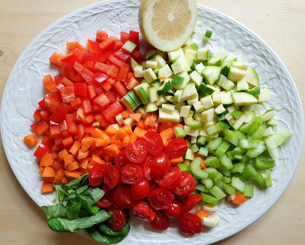 all the vegetables for summer tagliolini washed and chopped