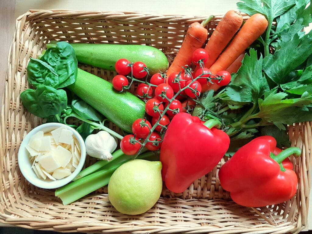 ingredients for summer tagliolini in bamboo basket