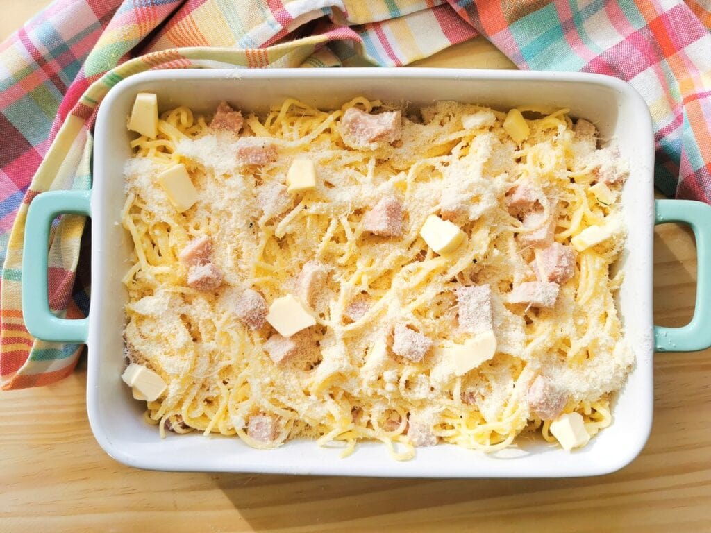 tagliolini au gratin ready for the oven