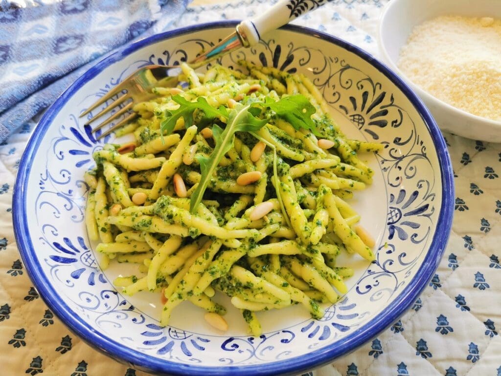 trofie pasta with rocket pesto (arugula)