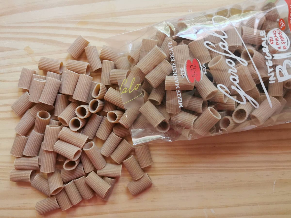 Dried whole wheat mezze maniche pasta from Garofalo pasta makers.